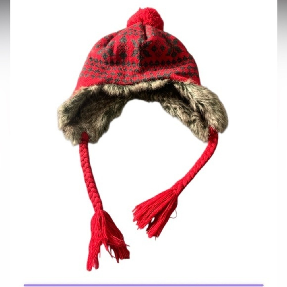 Vintage Faux Fur Christmas Snowflake Ski Winter Hat Red Grey